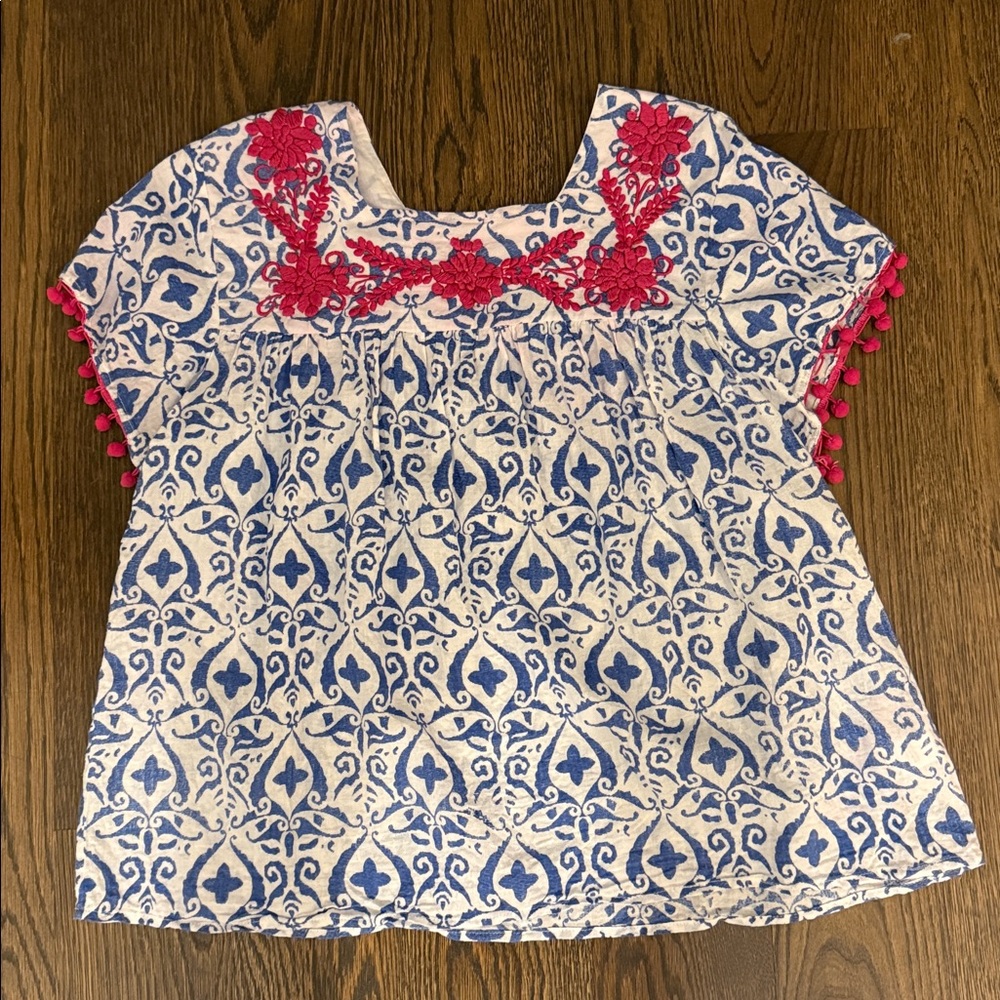 THML Blue and White Top with Pink Details